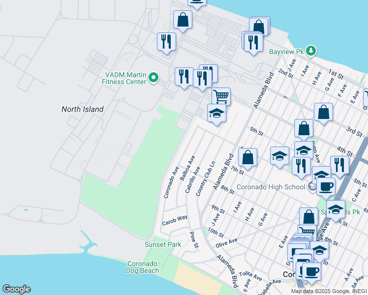 map of restaurants, bars, coffee shops, grocery stores, and more near 710 Coronado Avenue in Coronado