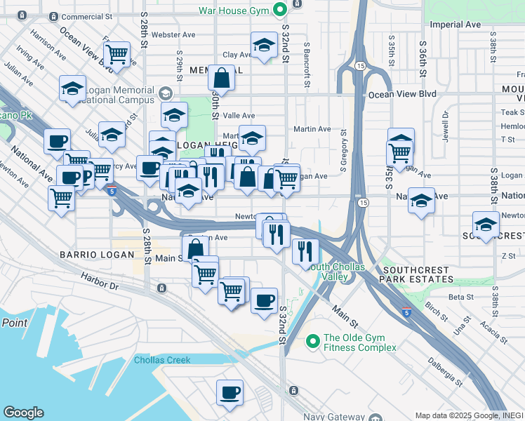 map of restaurants, bars, coffee shops, grocery stores, and more near 3128 Newton Avenue in San Diego