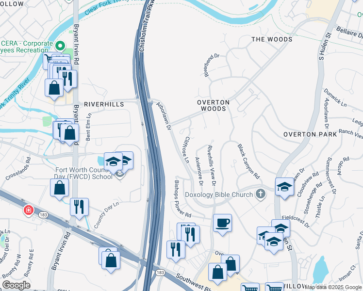 map of restaurants, bars, coffee shops, grocery stores, and more near 5201 Cliffrose Lane in Fort Worth