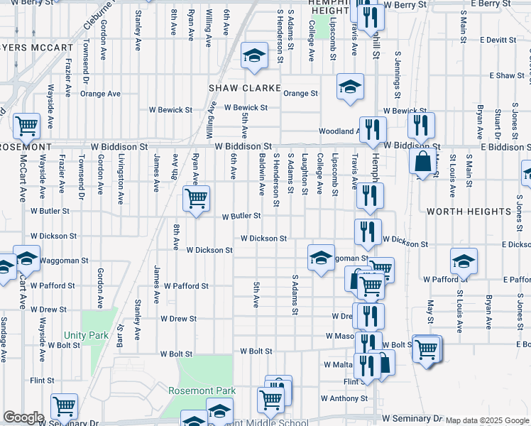 map of restaurants, bars, coffee shops, grocery stores, and more near 3645 Baldwin Avenue in Fort Worth