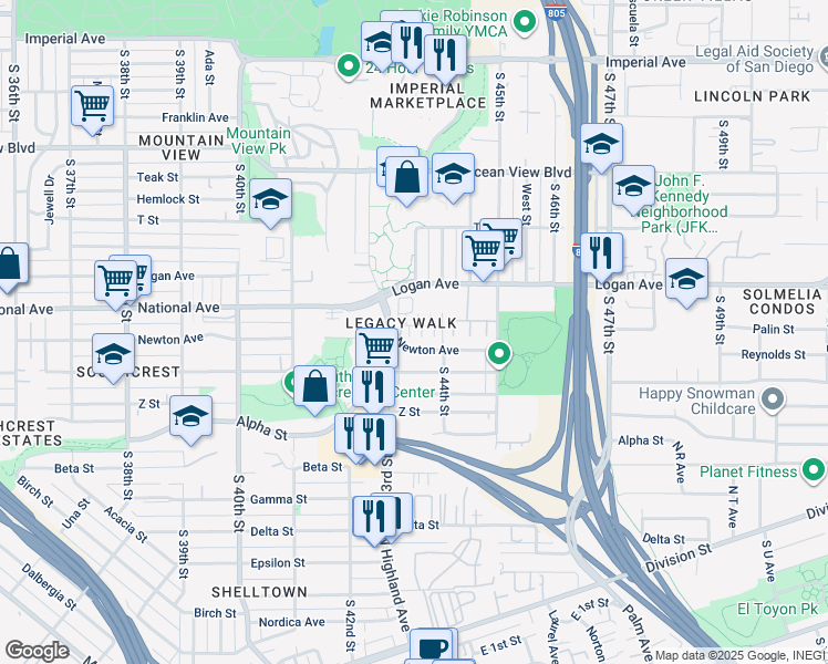 map of restaurants, bars, coffee shops, grocery stores, and more near in San Diego