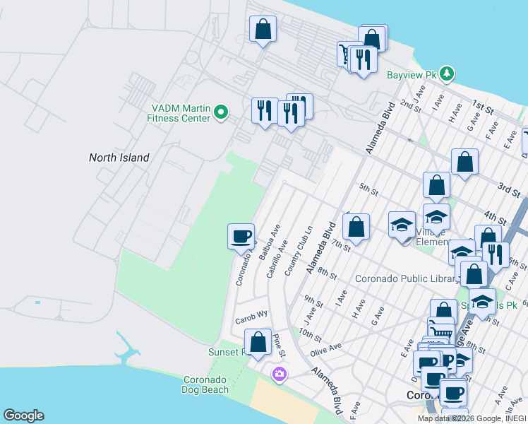 map of restaurants, bars, coffee shops, grocery stores, and more near 710 Coronado Avenue in Coronado