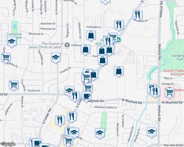 map of restaurants, bars, coffee shops, grocery stores, and more near 3022 South Cooper Street in Arlington
