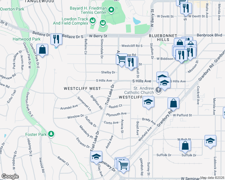 map of restaurants, bars, coffee shops, grocery stores, and more near 3600 Norfolk Road in Fort Worth