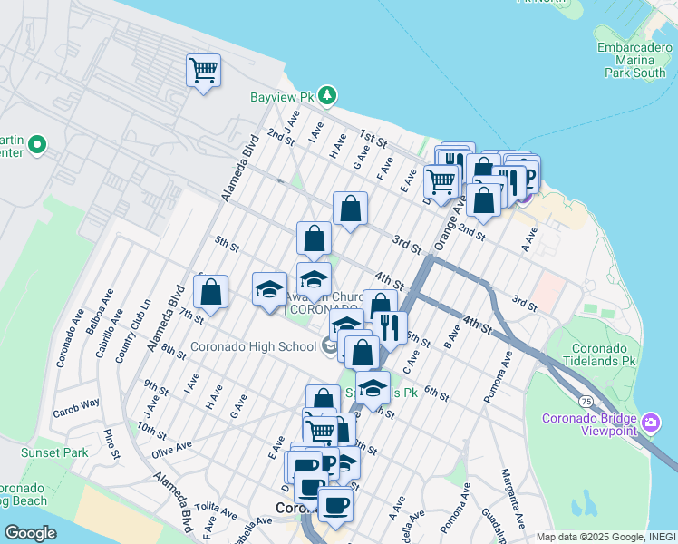 map of restaurants, bars, coffee shops, grocery stores, and more near 431 F Avenue in Coronado