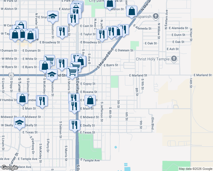 map of restaurants, bars, coffee shops, grocery stores, and more near 1119 East Gypsy Street in Hobbs