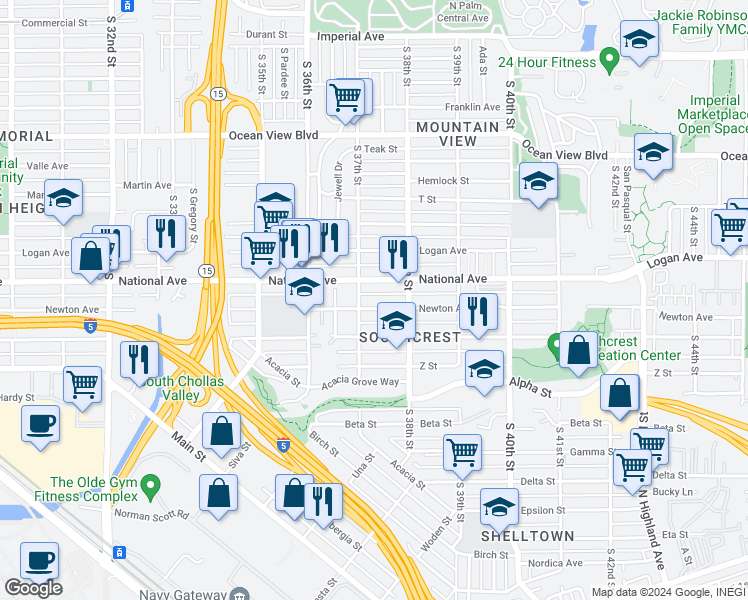map of restaurants, bars, coffee shops, grocery stores, and more near 3726 Newton Avenue in San Diego