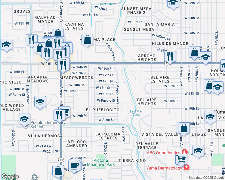 map of restaurants, bars, coffee shops, grocery stores, and more near 1903 West 18th Street in Yuma
