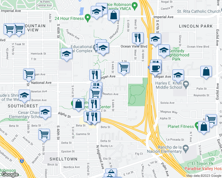 map of restaurants, bars, coffee shops, grocery stores, and more near 39 South 44th Street in San Diego
