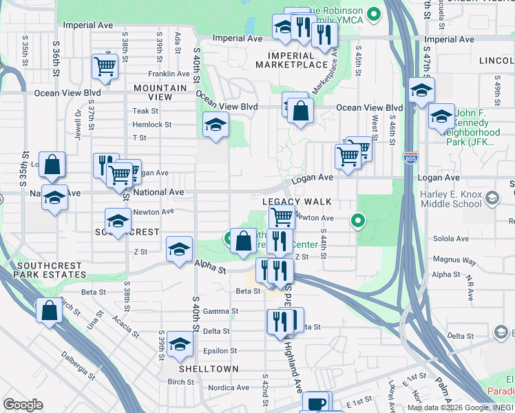 map of restaurants, bars, coffee shops, grocery stores, and more near 4152 Newton Avenue in San Diego