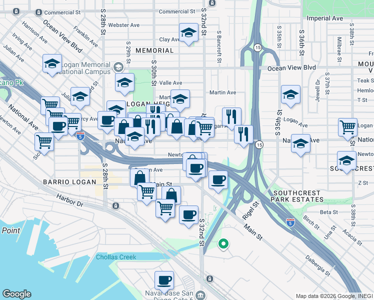 map of restaurants, bars, coffee shops, grocery stores, and more near 3161 National Avenue in San Diego