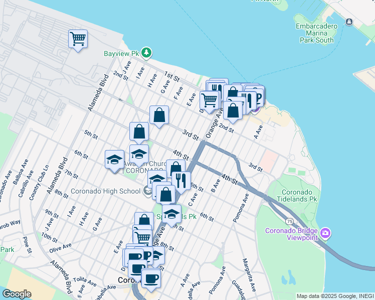map of restaurants, bars, coffee shops, grocery stores, and more near 345 D Avenue in Coronado