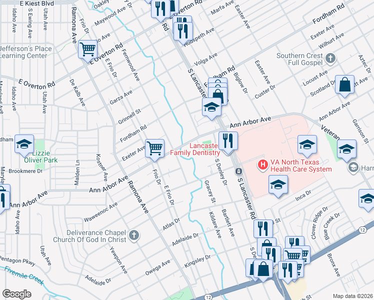 map of restaurants, bars, coffee shops, grocery stores, and more near 1711 Ann Arbor Avenue in Dallas