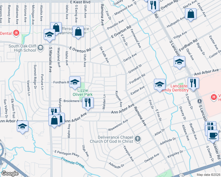 map of restaurants, bars, coffee shops, grocery stores, and more near 1330 Fordham Road in Dallas