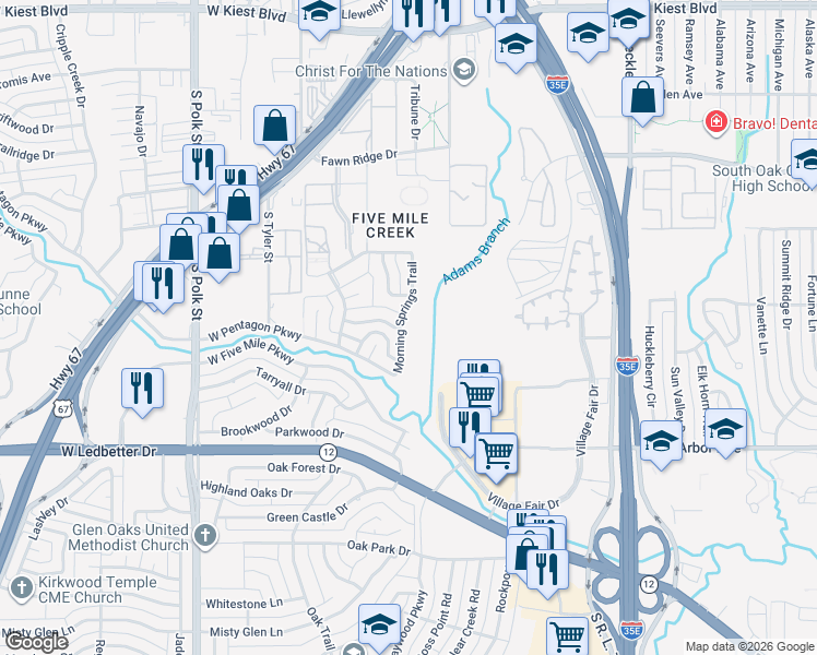 map of restaurants, bars, coffee shops, grocery stores, and more near 3922 Morning Springs Trail in Dallas