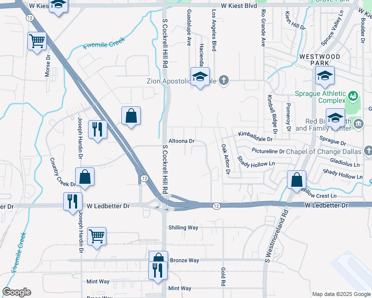 map of restaurants, bars, coffee shops, grocery stores, and more near 3969 Altoona Drive in Dallas