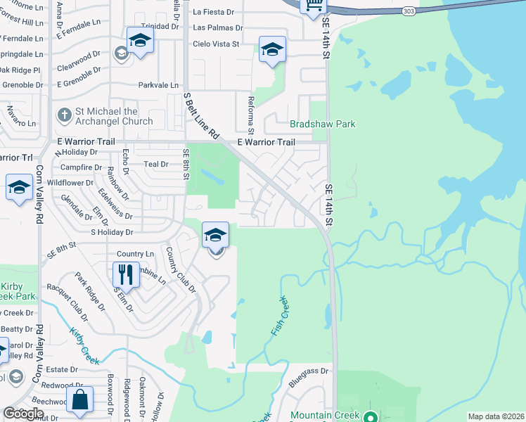 map of restaurants, bars, coffee shops, grocery stores, and more near 58 West Mountain Creek Drive in Grand Prairie