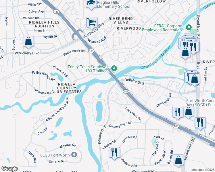 map of restaurants, bars, coffee shops, grocery stores, and more near 5808 Highland Park Drive in Benbrook