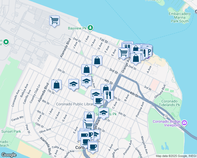 map of restaurants, bars, coffee shops, grocery stores, and more near 375 E Avenue in Coronado
