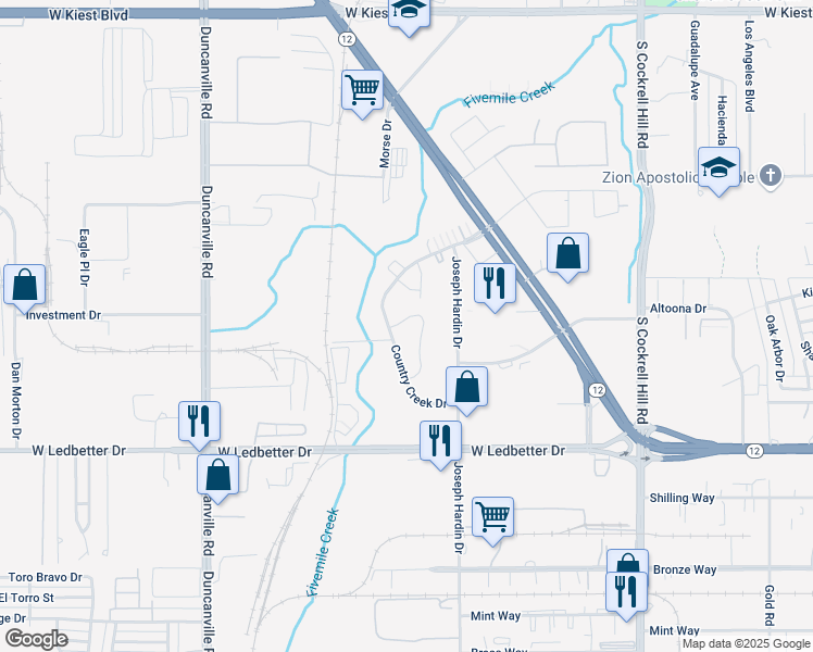 map of restaurants, bars, coffee shops, grocery stores, and more near 4700 Country Creek Drive in Dallas