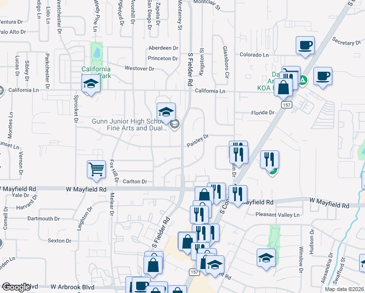 map of restaurants, bars, coffee shops, grocery stores, and more near South Fielder Road in Arlington