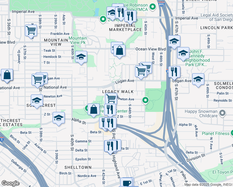 map of restaurants, bars, coffee shops, grocery stores, and more near in San Diego