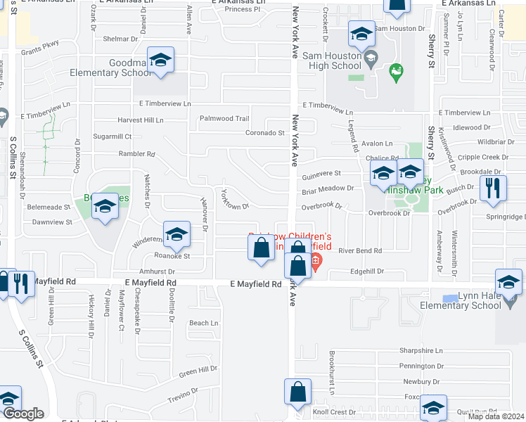 map of restaurants, bars, coffee shops, grocery stores, and more near 1808 Overbrook Drive in Arlington