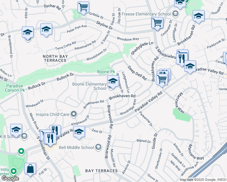 map of restaurants, bars, coffee shops, grocery stores, and more near 7330 Brookhaven Road in San Diego