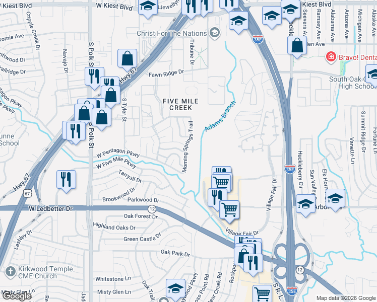 map of restaurants, bars, coffee shops, grocery stores, and more near 3922 Morning Springs Trail in Dallas