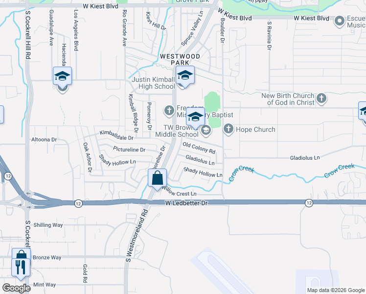 map of restaurants, bars, coffee shops, grocery stores, and more near 3432 Old Colony Road in Dallas