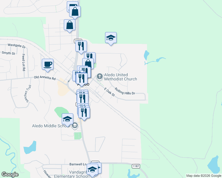 map of restaurants, bars, coffee shops, grocery stores, and more near 413 Rolling Hills Drive in Aledo