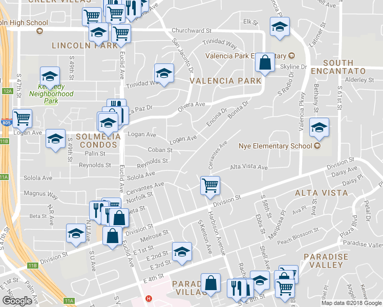 map of restaurants, bars, coffee shops, grocery stores, and more near 5354 Bonita Drive in San Diego