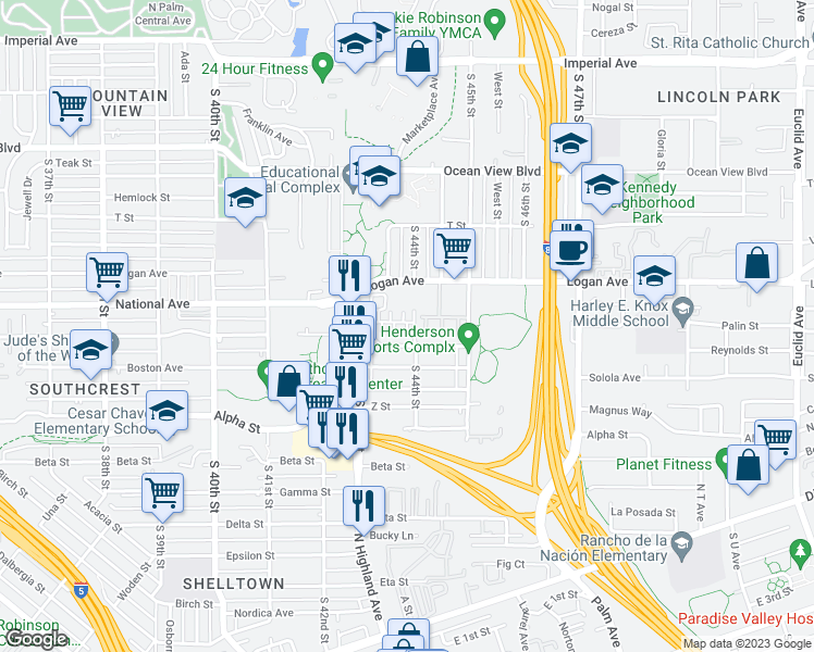 map of restaurants, bars, coffee shops, grocery stores, and more near 39 South 44th Street in San Diego