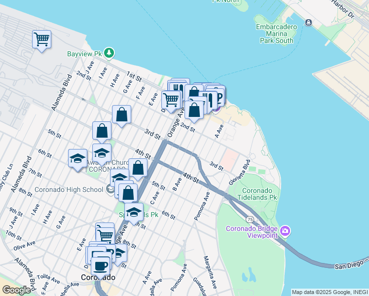 map of restaurants, bars, coffee shops, grocery stores, and more near 277 C Avenue in Coronado
