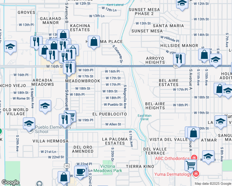 map of restaurants, bars, coffee shops, grocery stores, and more near 1903 West 18th Street in Yuma
