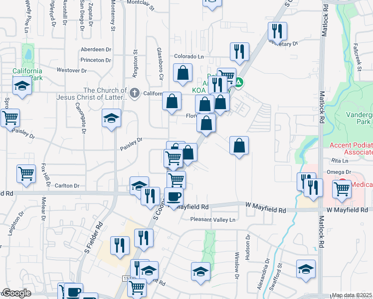 map of restaurants, bars, coffee shops, grocery stores, and more near 3022 South Cooper Street in Arlington