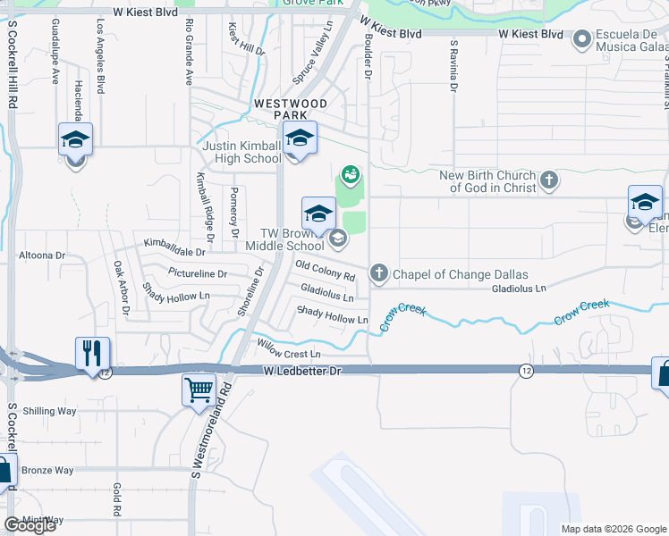 map of restaurants, bars, coffee shops, grocery stores, and more near 3407 Old Colony Road in Dallas