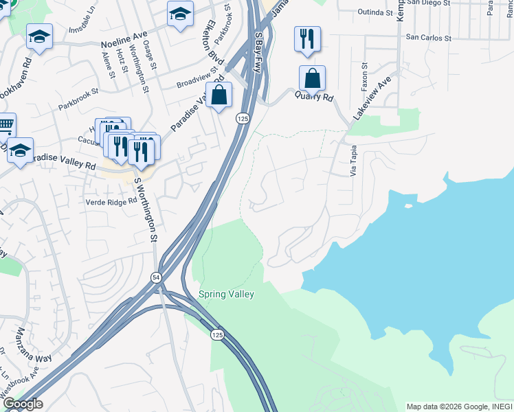map of restaurants, bars, coffee shops, grocery stores, and more near 8734 Spring Canyon Drive in Spring Valley