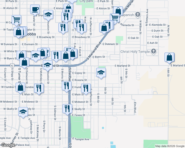 map of restaurants, bars, coffee shops, grocery stores, and more near 1119 East Gypsy Street in Hobbs
