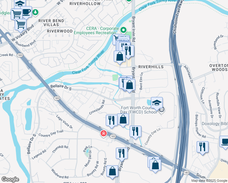 map of restaurants, bars, coffee shops, grocery stores, and more near 5534 Bellaire Drive South in Benbrook