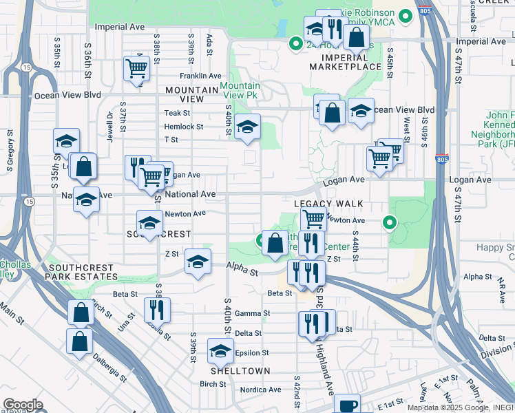 map of restaurants, bars, coffee shops, grocery stores, and more near 4092 Newton Avenue in San Diego