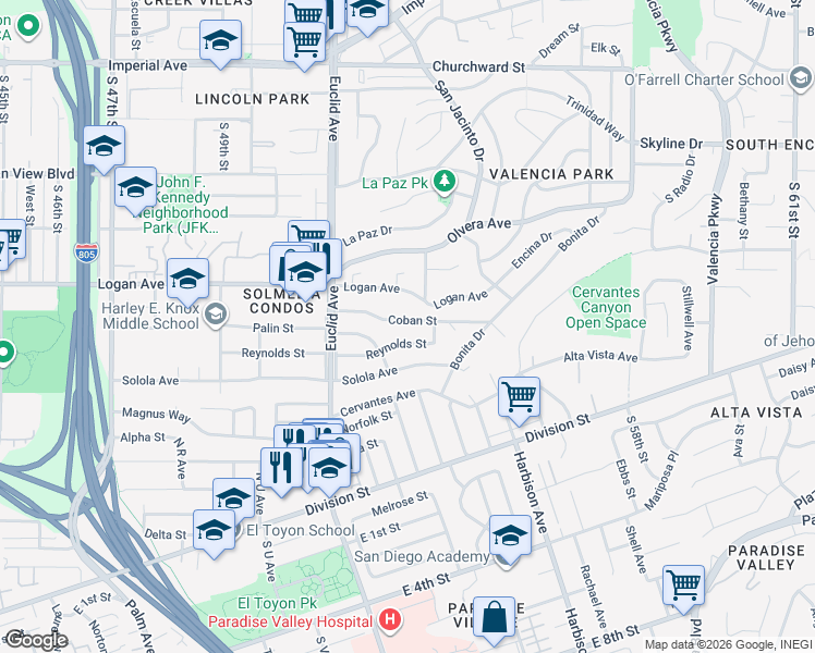map of restaurants, bars, coffee shops, grocery stores, and more near 5221 Coban Street in San Diego