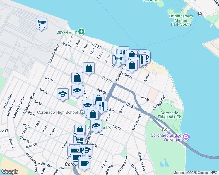 map of restaurants, bars, coffee shops, grocery stores, and more near 345 D Avenue in Coronado