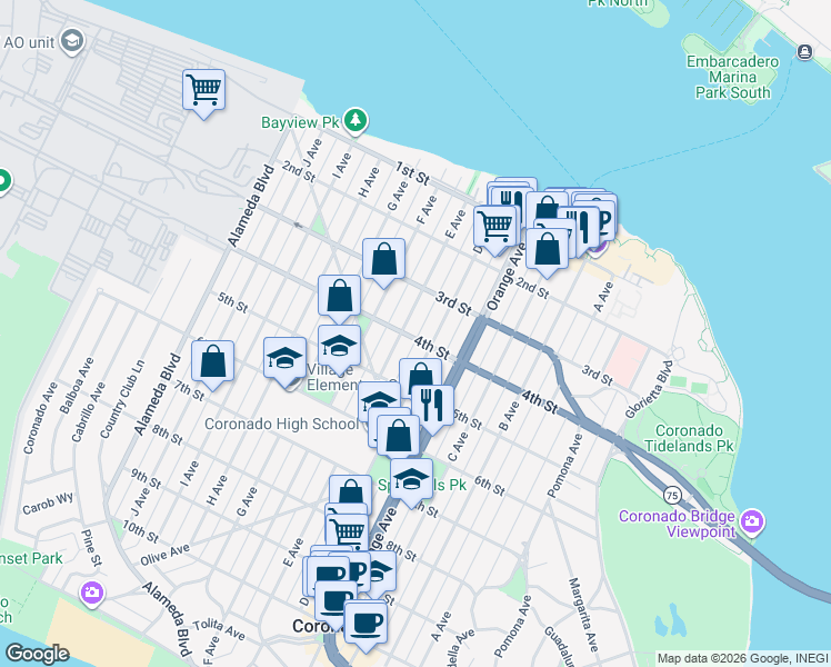 map of restaurants, bars, coffee shops, grocery stores, and more near 375 E Avenue in Coronado