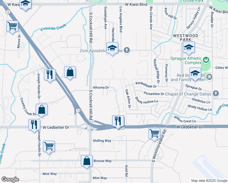 map of restaurants, bars, coffee shops, grocery stores, and more near 4047 Altoona Drive in Dallas