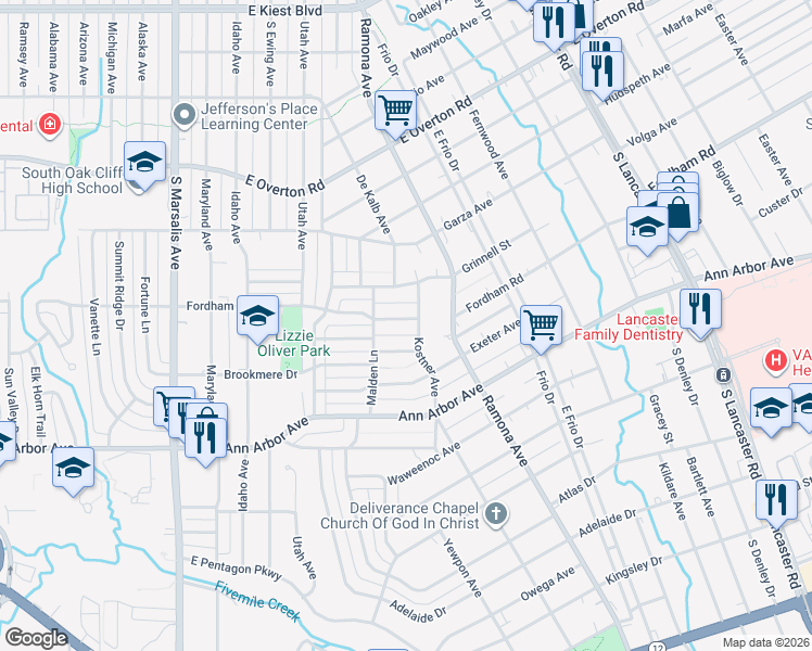 map of restaurants, bars, coffee shops, grocery stores, and more near 1330 Fordham Road in Dallas
