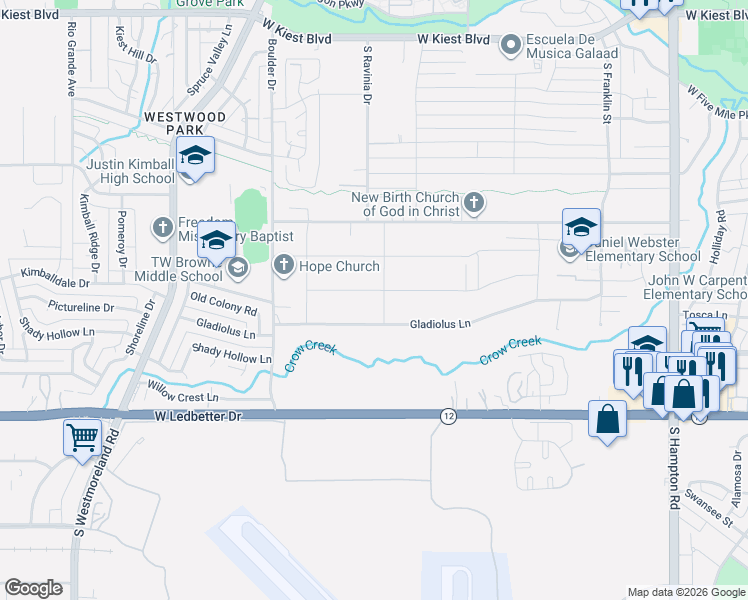 map of restaurants, bars, coffee shops, grocery stores, and more near 3010 Bridal Wreath Lane in Dallas
