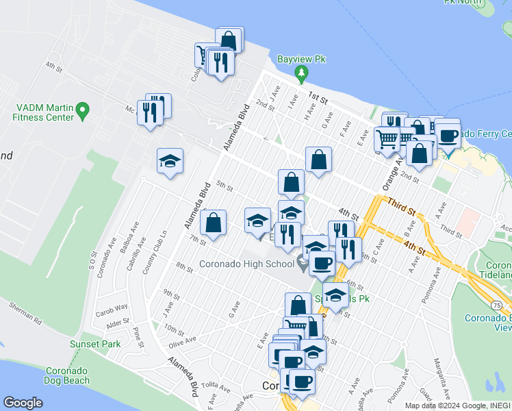 map of restaurants, bars, coffee shops, grocery stores, and more near 518 5th Street in Coronado