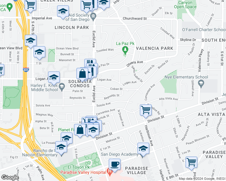 map of restaurants, bars, coffee shops, grocery stores, and more near 5221 Coban Street in San Diego