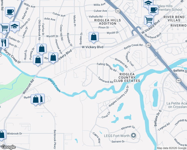 map of restaurants, bars, coffee shops, grocery stores, and more near 7201 Tamarack Road in Benbrook